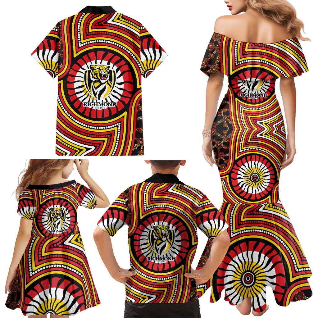 Richmond Football Club Family Matching Mermaid Dress and Hawaiian Shirt Indigenous Monochrome Dot Art Mascot Style