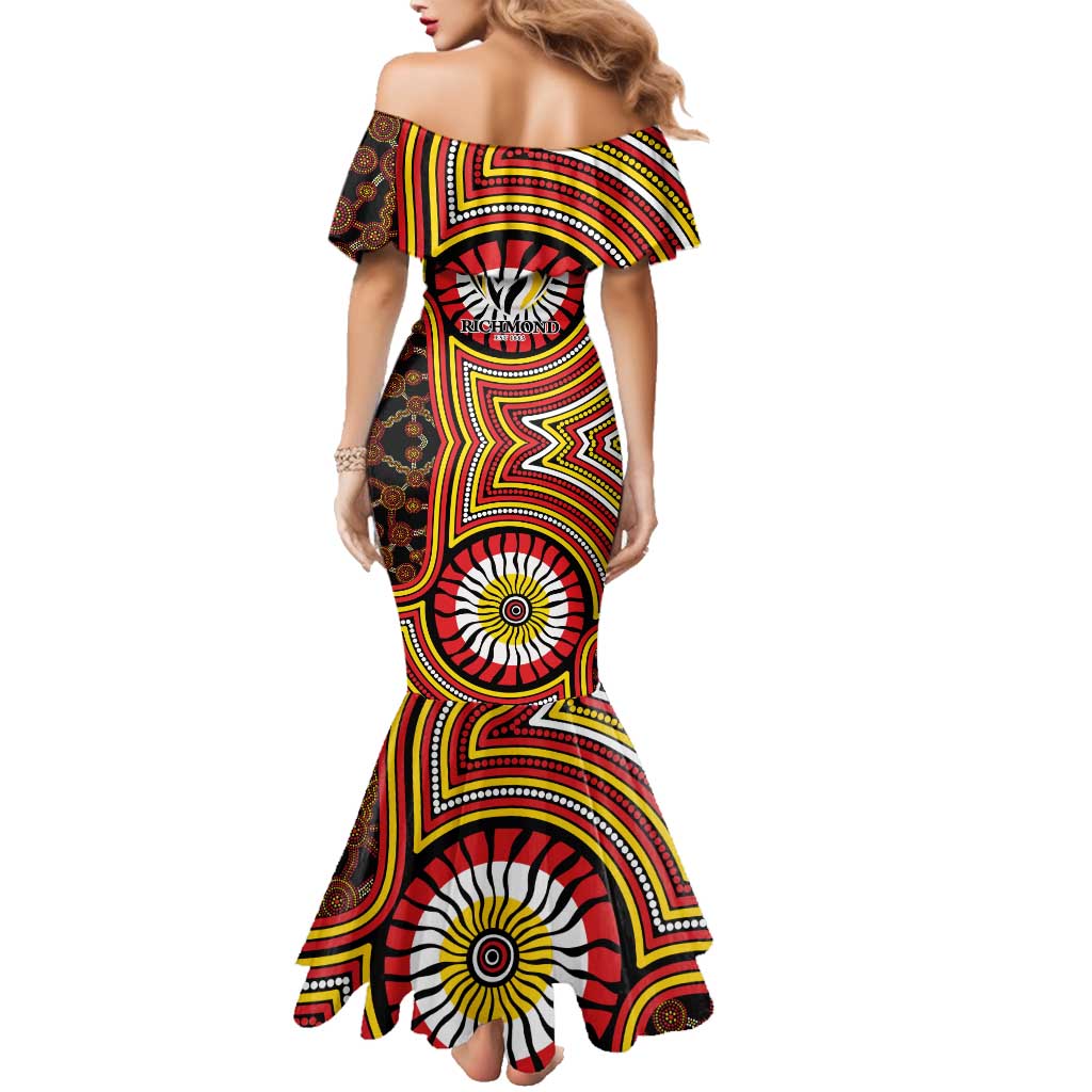 Richmond Football Club Family Matching Mermaid Dress and Hawaiian Shirt Indigenous Monochrome Dot Art Mascot Style