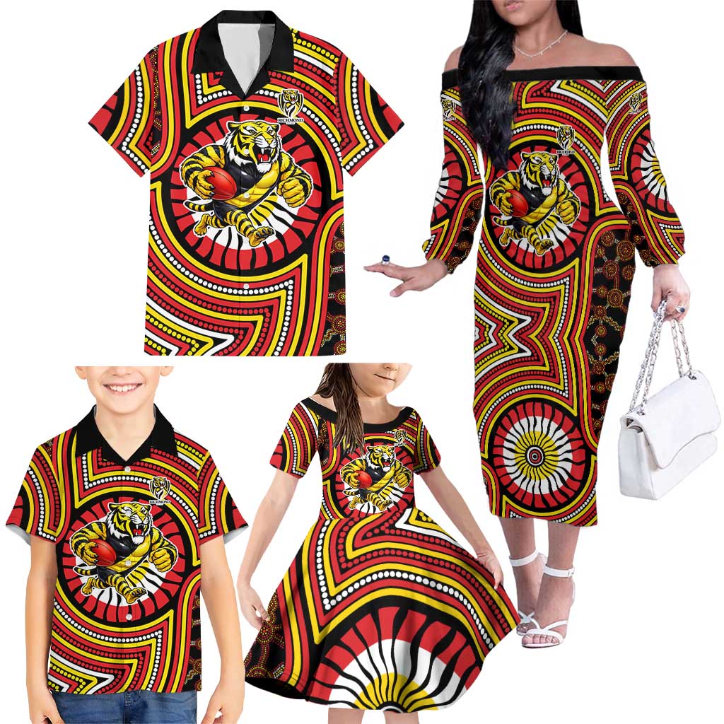 Richmond Football Club Family Matching Off The Shoulder Long Sleeve Dress and Hawaiian Shirt Indigenous Monochrome Dot Art Mascot Style
