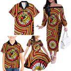 Richmond Football Club Family Matching Off The Shoulder Long Sleeve Dress and Hawaiian Shirt Indigenous Monochrome Dot Art Mascot Style