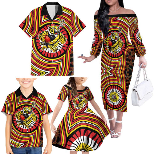Richmond Football Club Family Matching Off The Shoulder Long Sleeve Dress and Hawaiian Shirt Indigenous Monochrome Dot Art Mascot Style