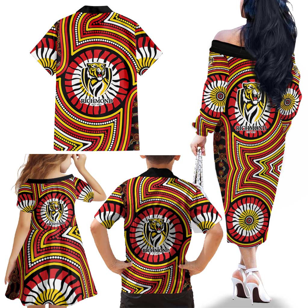 Richmond Football Club Family Matching Off The Shoulder Long Sleeve Dress and Hawaiian Shirt Indigenous Monochrome Dot Art Mascot Style