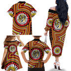 Richmond Football Club Family Matching Off The Shoulder Long Sleeve Dress and Hawaiian Shirt Indigenous Monochrome Dot Art Mascot Style
