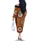 Richmond Football Club Family Matching Off The Shoulder Long Sleeve Dress and Hawaiian Shirt Indigenous Monochrome Dot Art Mascot Style