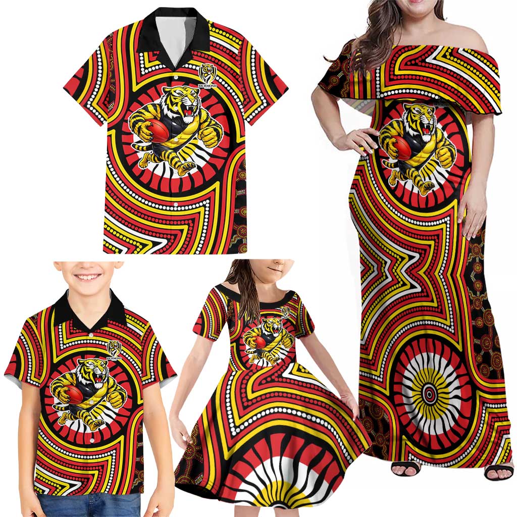 Richmond Football Club Family Matching Off Shoulder Maxi Dress and Hawaiian Shirt Indigenous Monochrome Dot Art Mascot Style