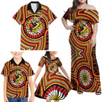 Richmond Football Club Family Matching Off Shoulder Maxi Dress and Hawaiian Shirt Indigenous Monochrome Dot Art Mascot Style