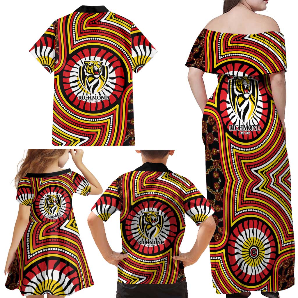 Richmond Football Club Family Matching Off Shoulder Maxi Dress and Hawaiian Shirt Indigenous Monochrome Dot Art Mascot Style