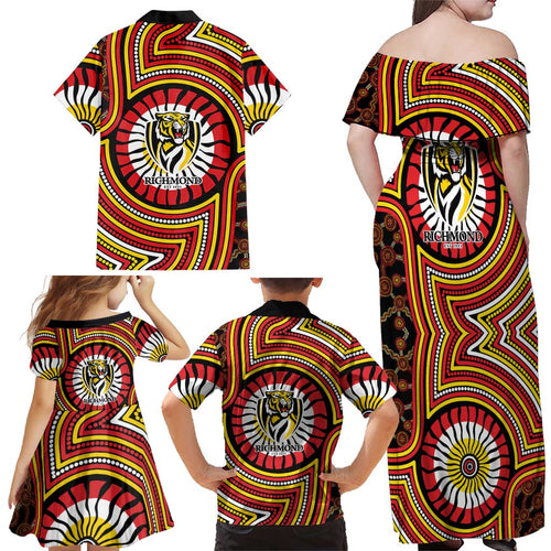 Richmond Football Club Family Matching Off Shoulder Maxi Dress and Hawaiian Shirt Indigenous Monochrome Dot Art Mascot Style