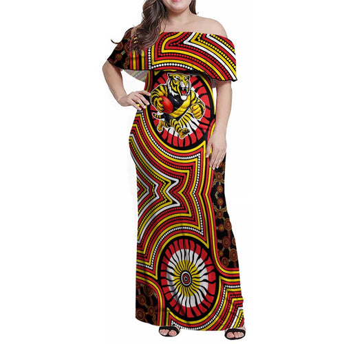 Richmond Football Club Family Matching Off Shoulder Maxi Dress and Hawaiian Shirt Indigenous Monochrome Dot Art Mascot Style