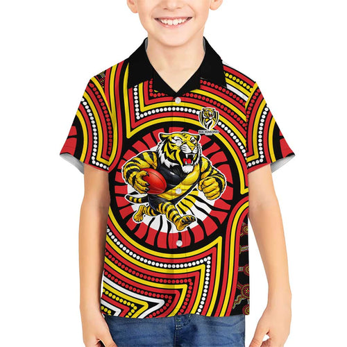 Richmond Football Club Family Matching Off Shoulder Maxi Dress and Hawaiian Shirt Indigenous Monochrome Dot Art Mascot Style