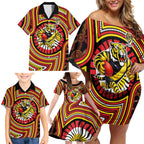 Richmond Football Club Family Matching Off Shoulder Short Dress and Hawaiian Shirt Indigenous Monochrome Dot Art Mascot Style