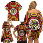 Richmond Football Club Family Matching Off Shoulder Short Dress and Hawaiian Shirt Indigenous Monochrome Dot Art Mascot Style