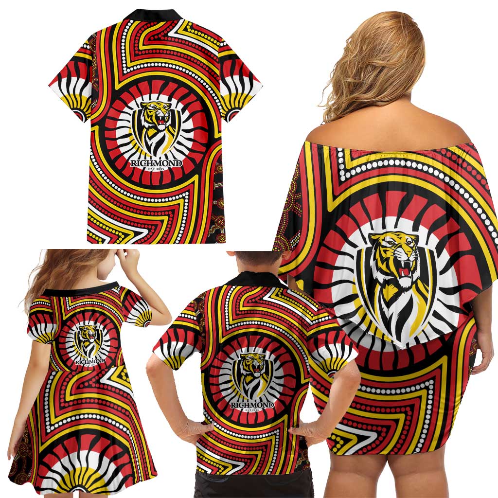 Richmond Football Club Family Matching Off Shoulder Short Dress and Hawaiian Shirt Indigenous Monochrome Dot Art Mascot Style