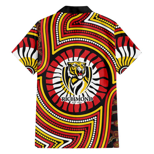 Richmond Football Club Family Matching Off Shoulder Short Dress and Hawaiian Shirt Indigenous Monochrome Dot Art Mascot Style