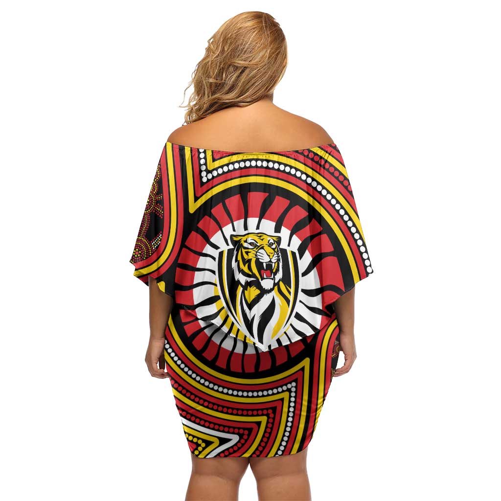 Richmond Football Club Family Matching Off Shoulder Short Dress and Hawaiian Shirt Indigenous Monochrome Dot Art Mascot Style
