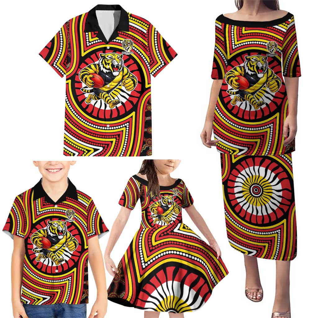 Richmond Football Club Family Matching Puletasi and Hawaiian Shirt Indigenous Monochrome Dot Art Mascot Style