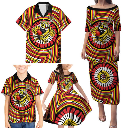Richmond Football Club Family Matching Puletasi and Hawaiian Shirt Indigenous Monochrome Dot Art Mascot Style