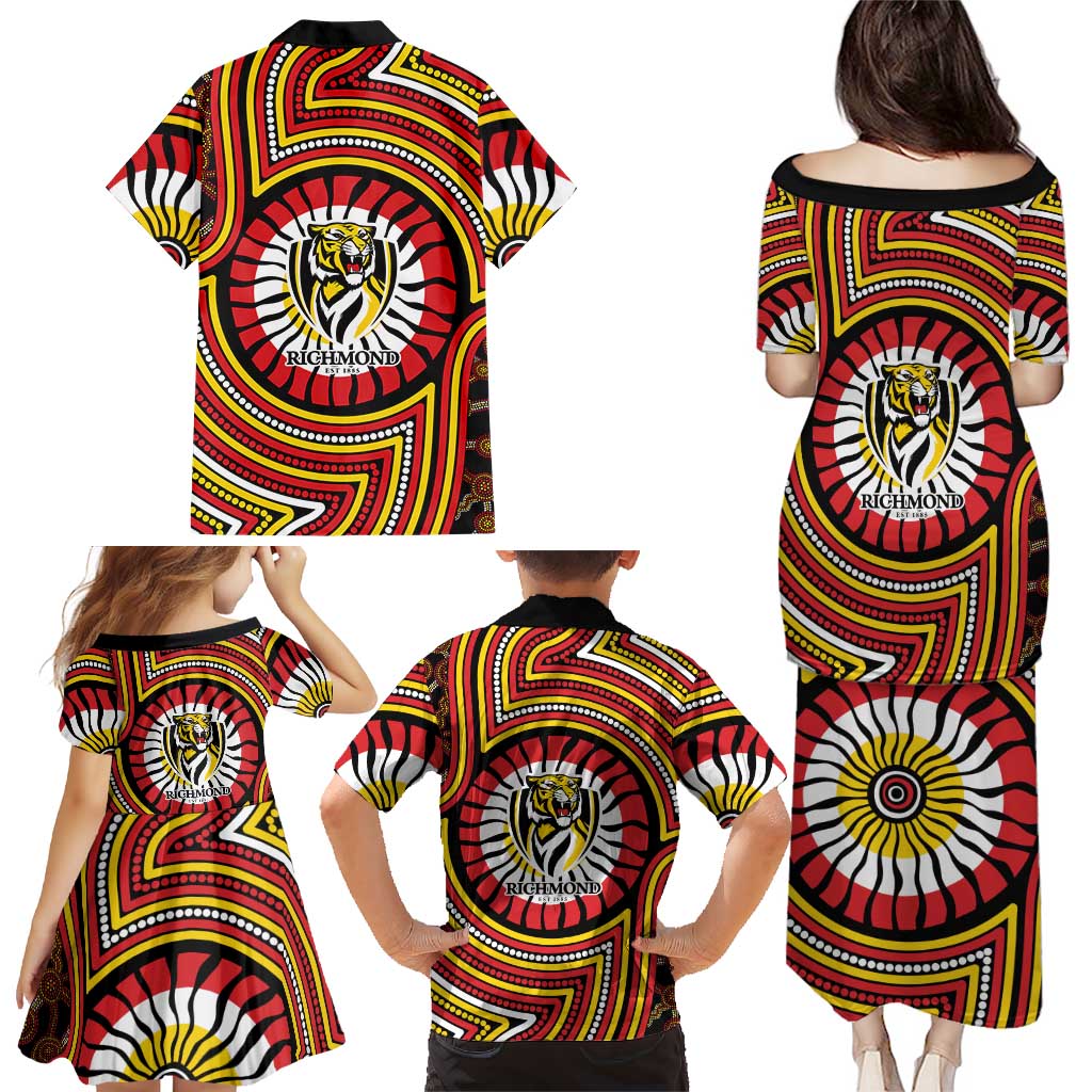 Richmond Football Club Family Matching Puletasi and Hawaiian Shirt Indigenous Monochrome Dot Art Mascot Style