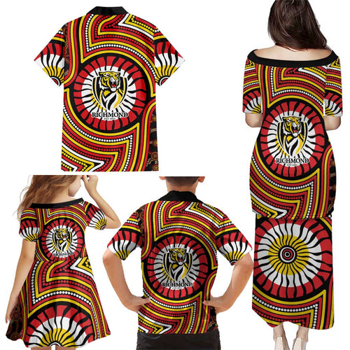 Richmond Football Club Family Matching Puletasi and Hawaiian Shirt Indigenous Monochrome Dot Art Mascot Style