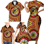 Richmond Football Club Family Matching Short Sleeve Bodycon Dress and Hawaiian Shirt Indigenous Monochrome Dot Art Mascot Style