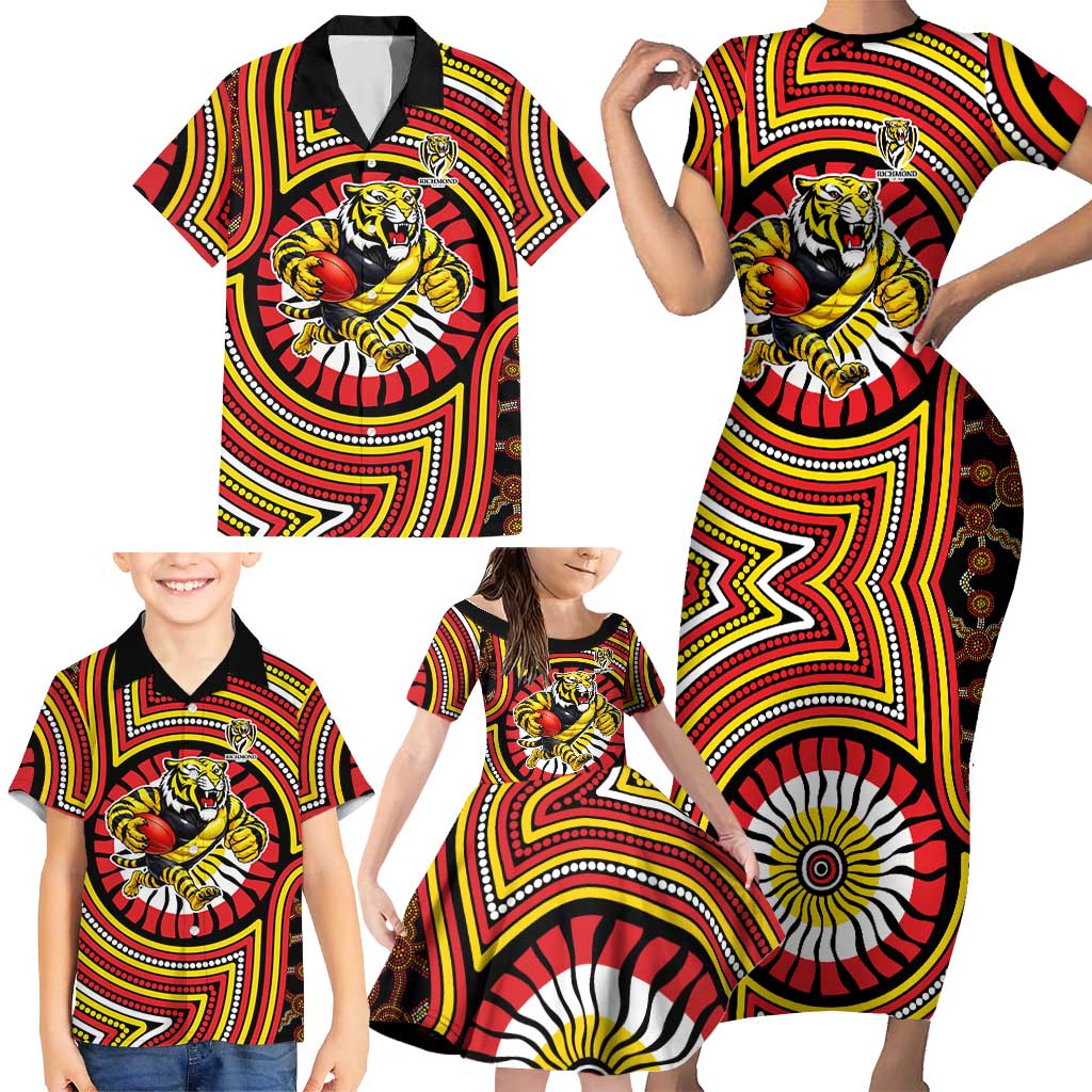 Richmond Football Club Family Matching Short Sleeve Bodycon Dress and Hawaiian Shirt Indigenous Monochrome Dot Art Mascot Style