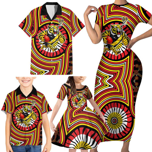 Richmond Football Club Family Matching Short Sleeve Bodycon Dress and Hawaiian Shirt Indigenous Monochrome Dot Art Mascot Style
