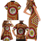 Richmond Football Club Family Matching Short Sleeve Bodycon Dress and Hawaiian Shirt Indigenous Monochrome Dot Art Mascot Style