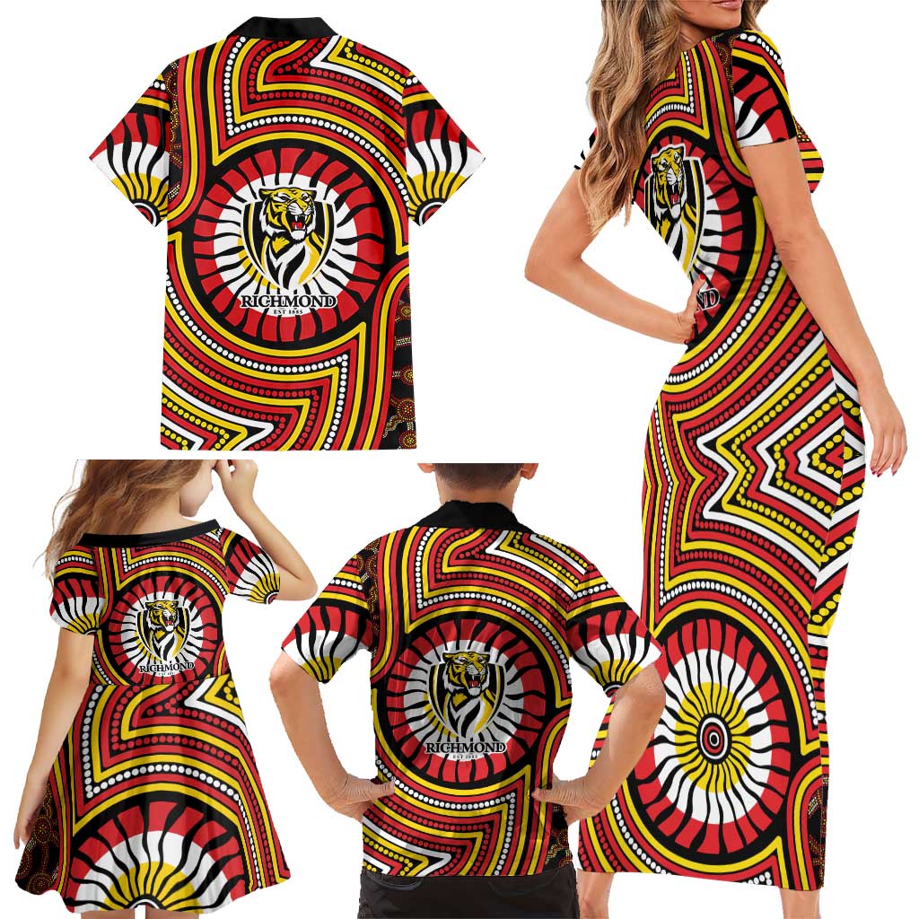 Richmond Football Club Family Matching Short Sleeve Bodycon Dress and Hawaiian Shirt Indigenous Monochrome Dot Art Mascot Style