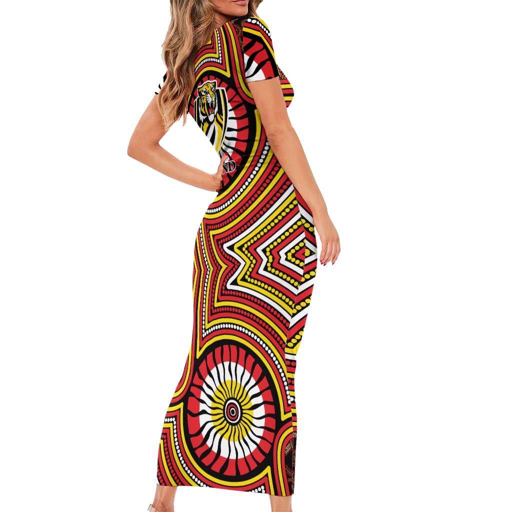 Richmond Football Club Family Matching Short Sleeve Bodycon Dress and Hawaiian Shirt Indigenous Monochrome Dot Art Mascot Style