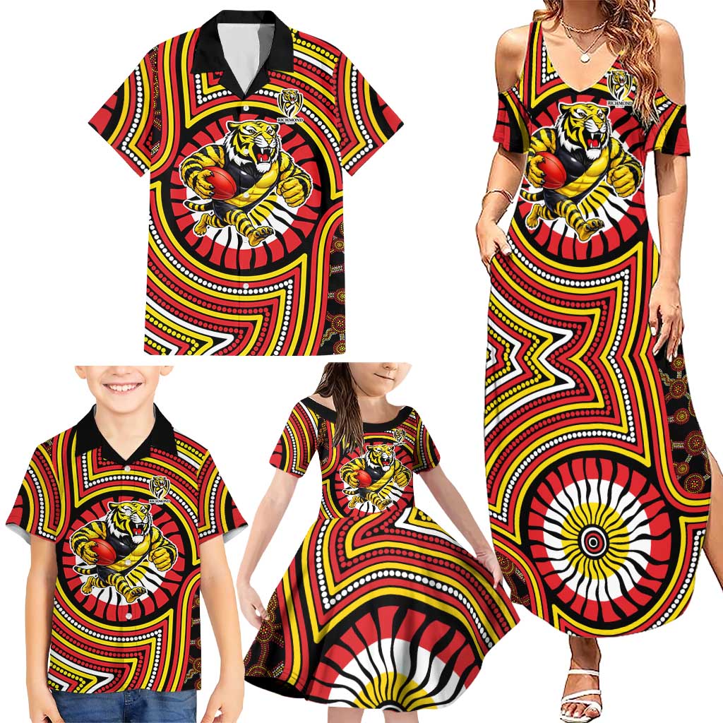 Richmond Football Club Family Matching Summer Maxi Dress and Hawaiian Shirt Indigenous Monochrome Dot Art Mascot Style