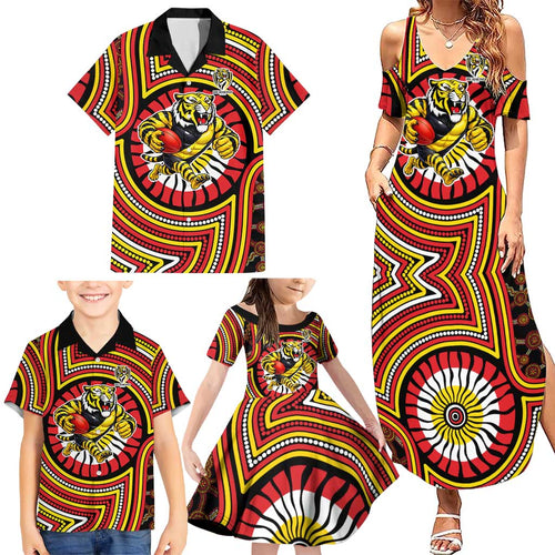 Richmond Football Club Family Matching Summer Maxi Dress and Hawaiian Shirt Indigenous Monochrome Dot Art Mascot Style