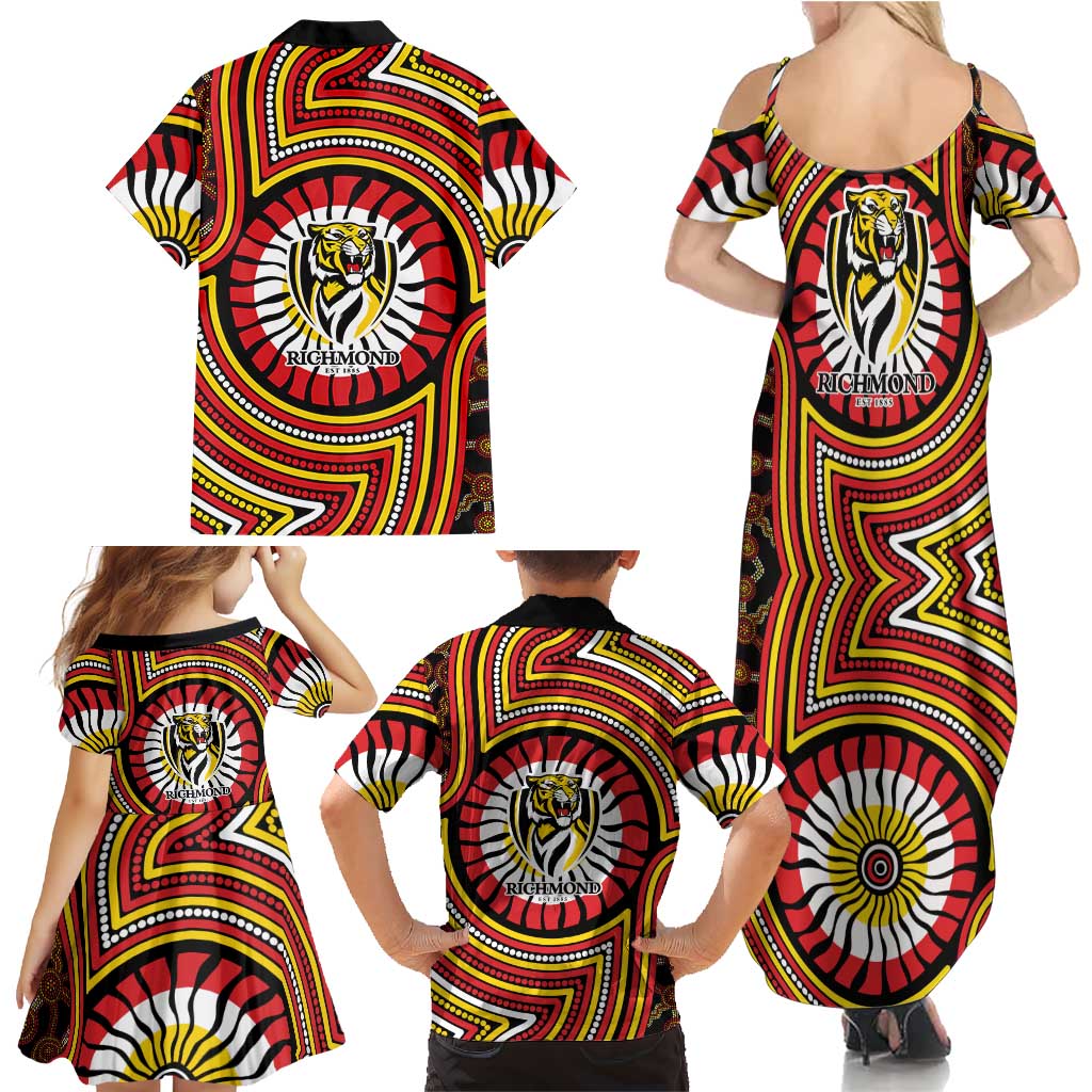 Richmond Football Club Family Matching Summer Maxi Dress and Hawaiian Shirt Indigenous Monochrome Dot Art Mascot Style