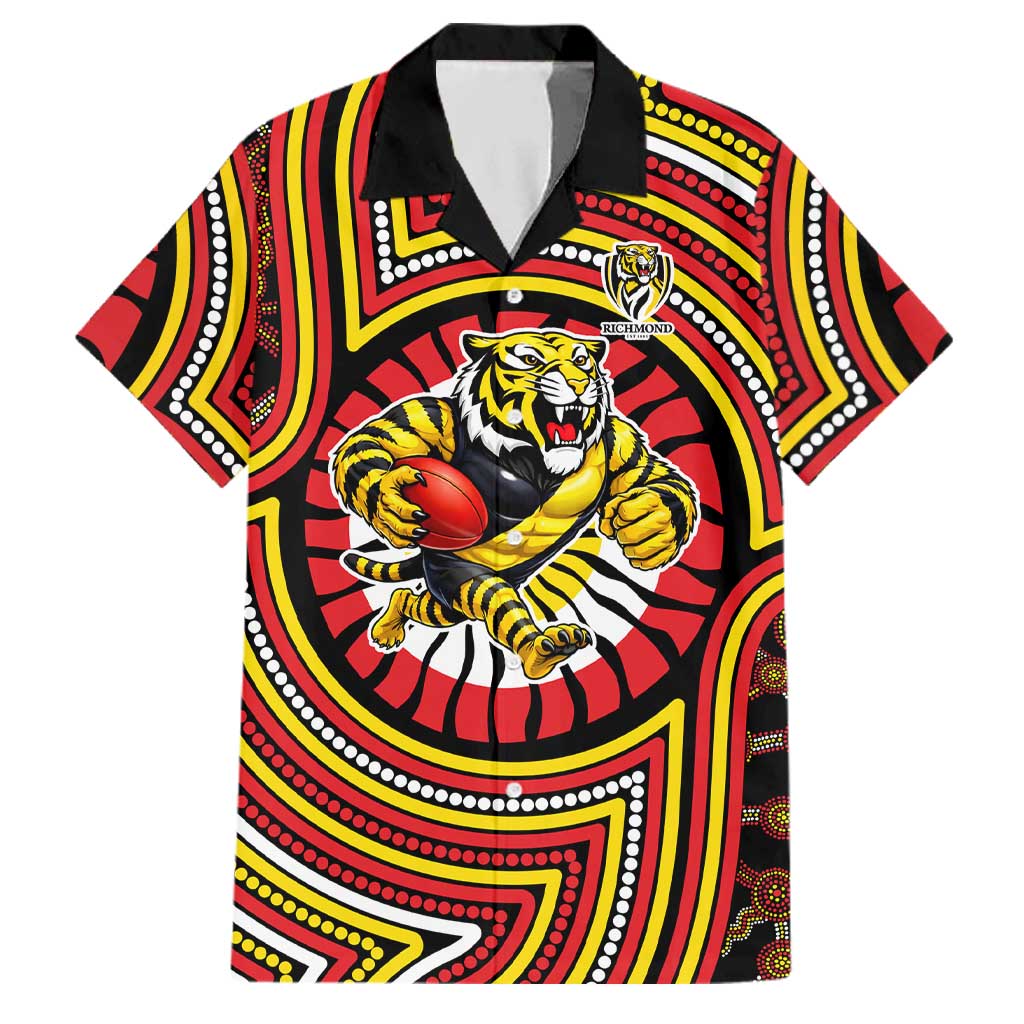 Richmond Football Club Family Matching Summer Maxi Dress and Hawaiian Shirt Indigenous Monochrome Dot Art Mascot Style