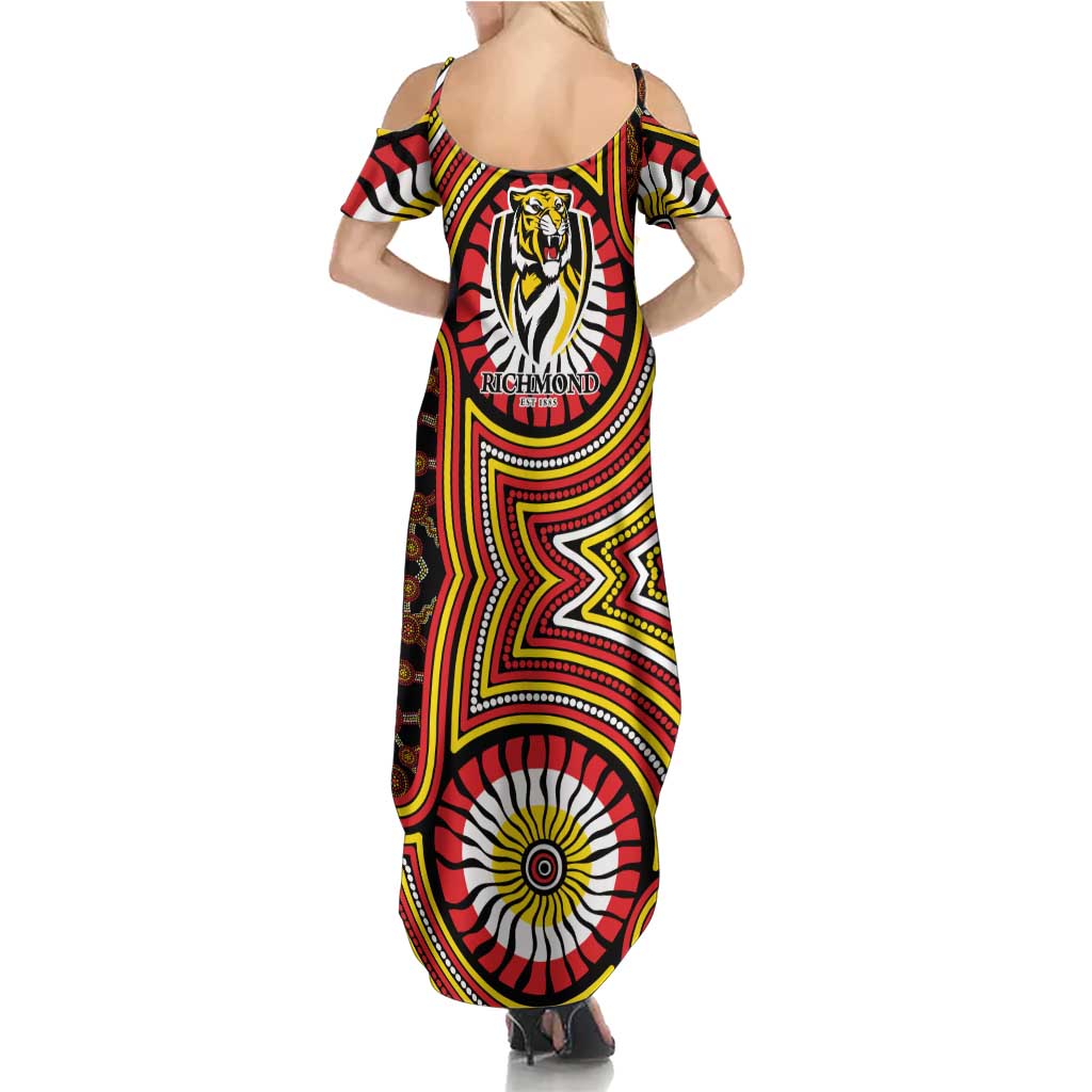 Richmond Football Club Family Matching Summer Maxi Dress and Hawaiian Shirt Indigenous Monochrome Dot Art Mascot Style