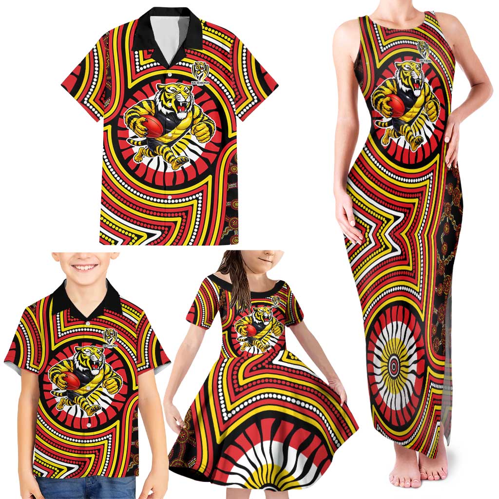 Richmond Football Club Family Matching Tank Maxi Dress and Hawaiian Shirt Indigenous Monochrome Dot Art Mascot Style