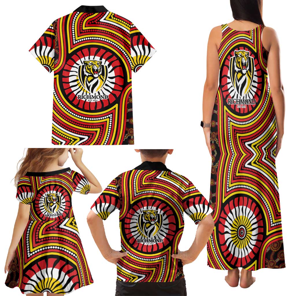 Richmond Football Club Family Matching Tank Maxi Dress and Hawaiian Shirt Indigenous Monochrome Dot Art Mascot Style