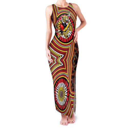 Richmond Football Club Family Matching Tank Maxi Dress and Hawaiian Shirt Indigenous Monochrome Dot Art Mascot Style
