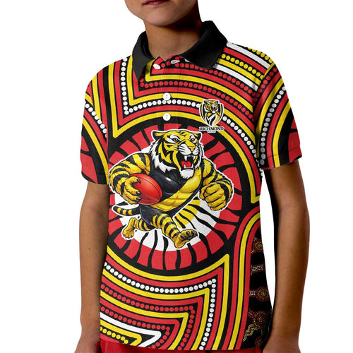 Richmond Football Club Kid Polo Shirt Indigenous Monochrome Dot Art Mascot Style