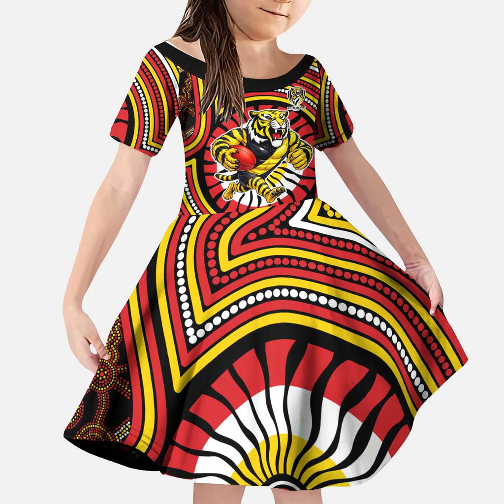 Richmond Football Club Kid Short Sleeve Dress Indigenous Monochrome Dot Art Mascot Style