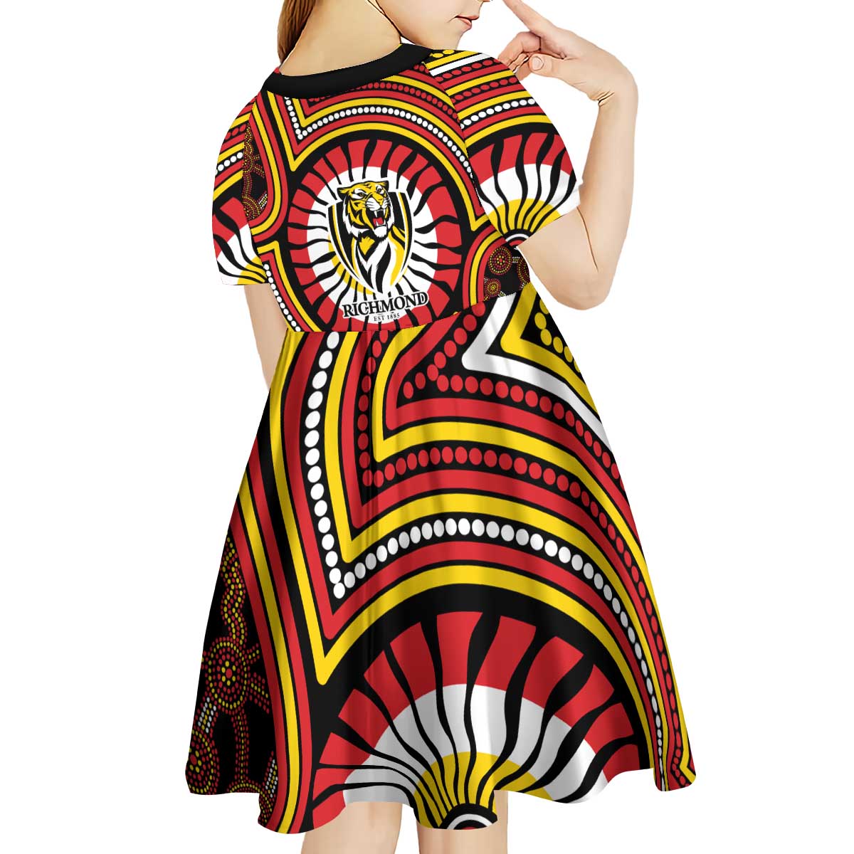 Richmond Football Club Kid Short Sleeve Dress Indigenous Monochrome Dot Art Mascot Style
