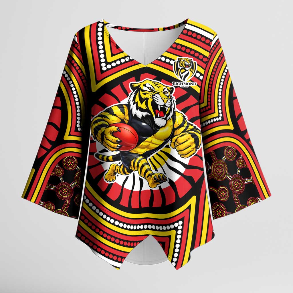 Richmond Football Club Kimono Sleeve Blouse Indigenous Monochrome Dot Art Mascot Style