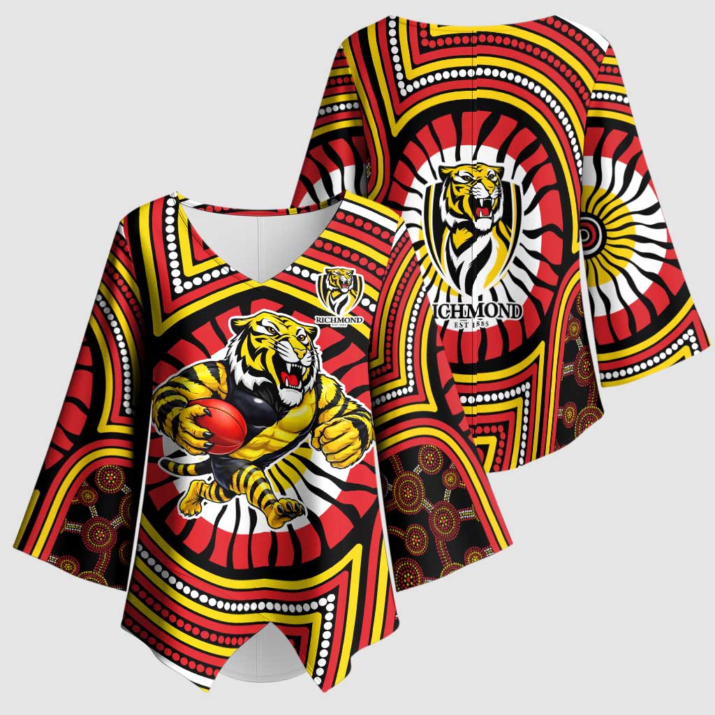 Richmond Football Club Kimono Sleeve Blouse Indigenous Monochrome Dot Art Mascot Style
