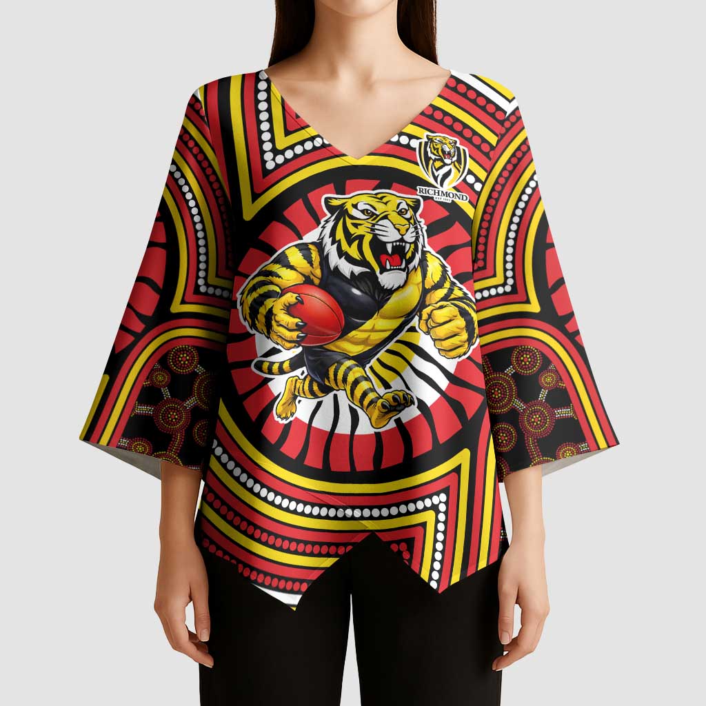 Richmond Football Club Kimono Sleeve Blouse Indigenous Monochrome Dot Art Mascot Style