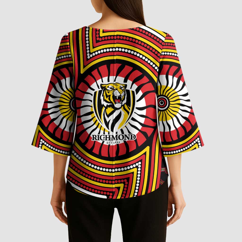 Richmond Football Club Kimono Sleeve Blouse Indigenous Monochrome Dot Art Mascot Style