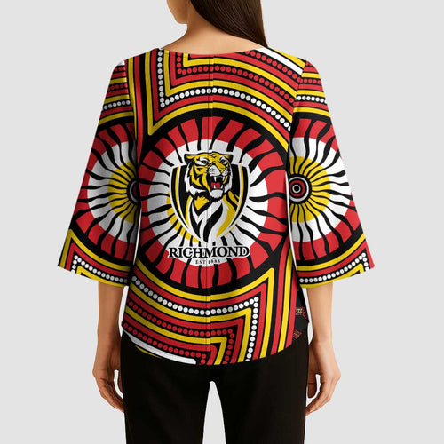 Richmond Football Club Kimono Sleeve Blouse Indigenous Monochrome Dot Art Mascot Style