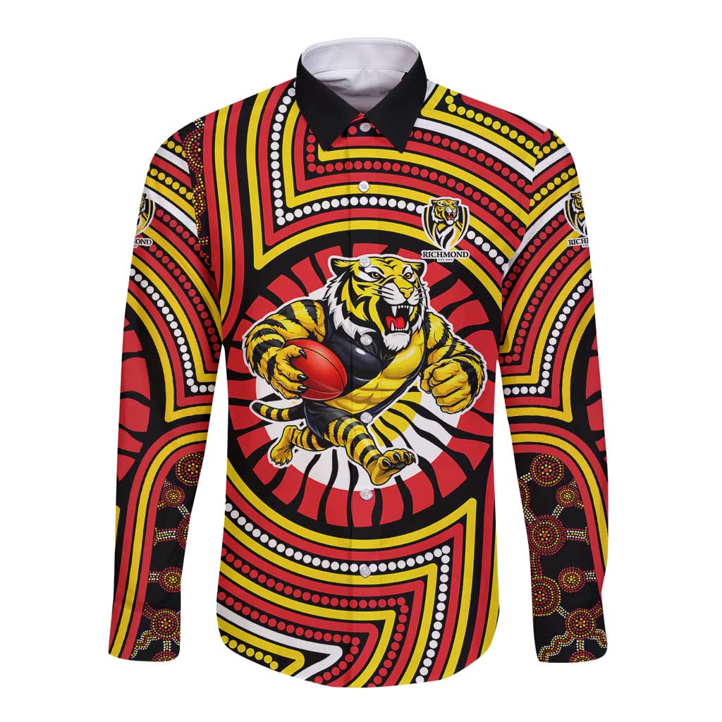 Richmond Football Club Long Sleeve Button Shirt Indigenous Monochrome Dot Art Mascot Style