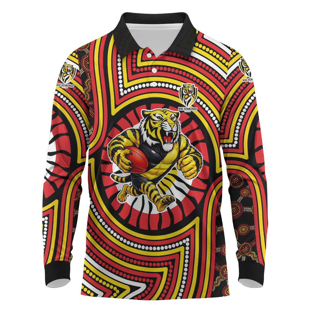 Richmond Football Club Long Sleeve Polo Shirt Indigenous Monochrome Dot Art Mascot Style