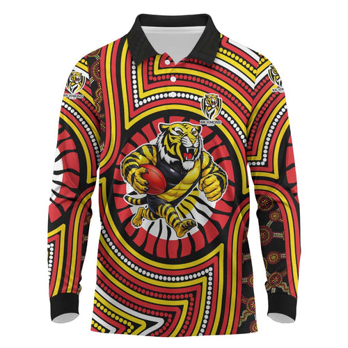 Richmond Football Club Long Sleeve Polo Shirt Indigenous Monochrome Dot Art Mascot Style
