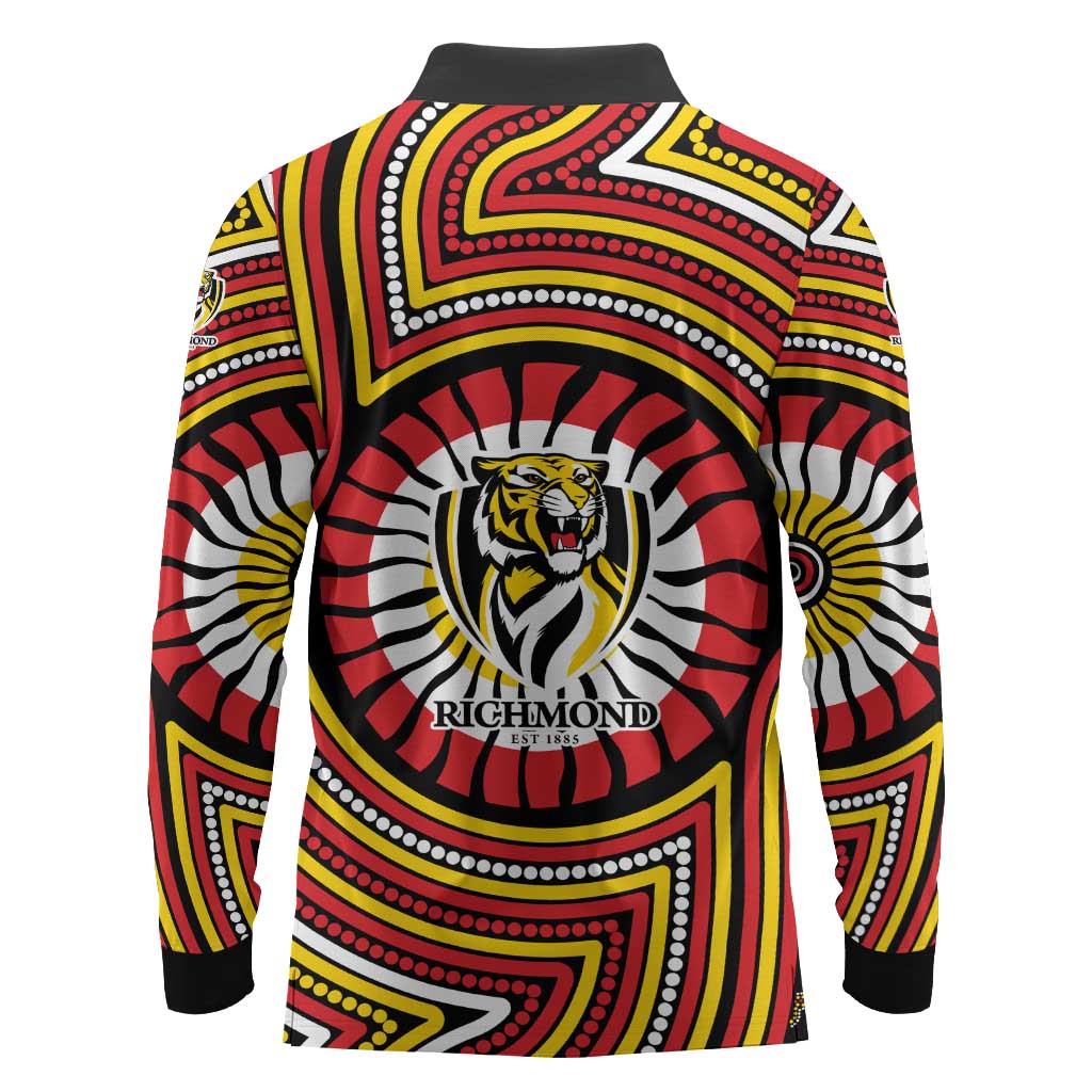 Richmond Football Club Long Sleeve Polo Shirt Indigenous Monochrome Dot Art Mascot Style