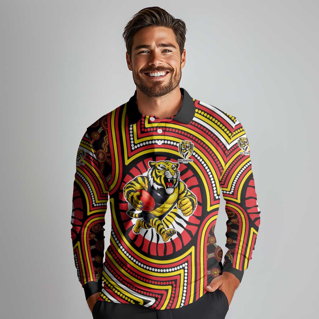 Richmond Football Club Long Sleeve Polo Shirt Indigenous Monochrome Dot Art Mascot Style